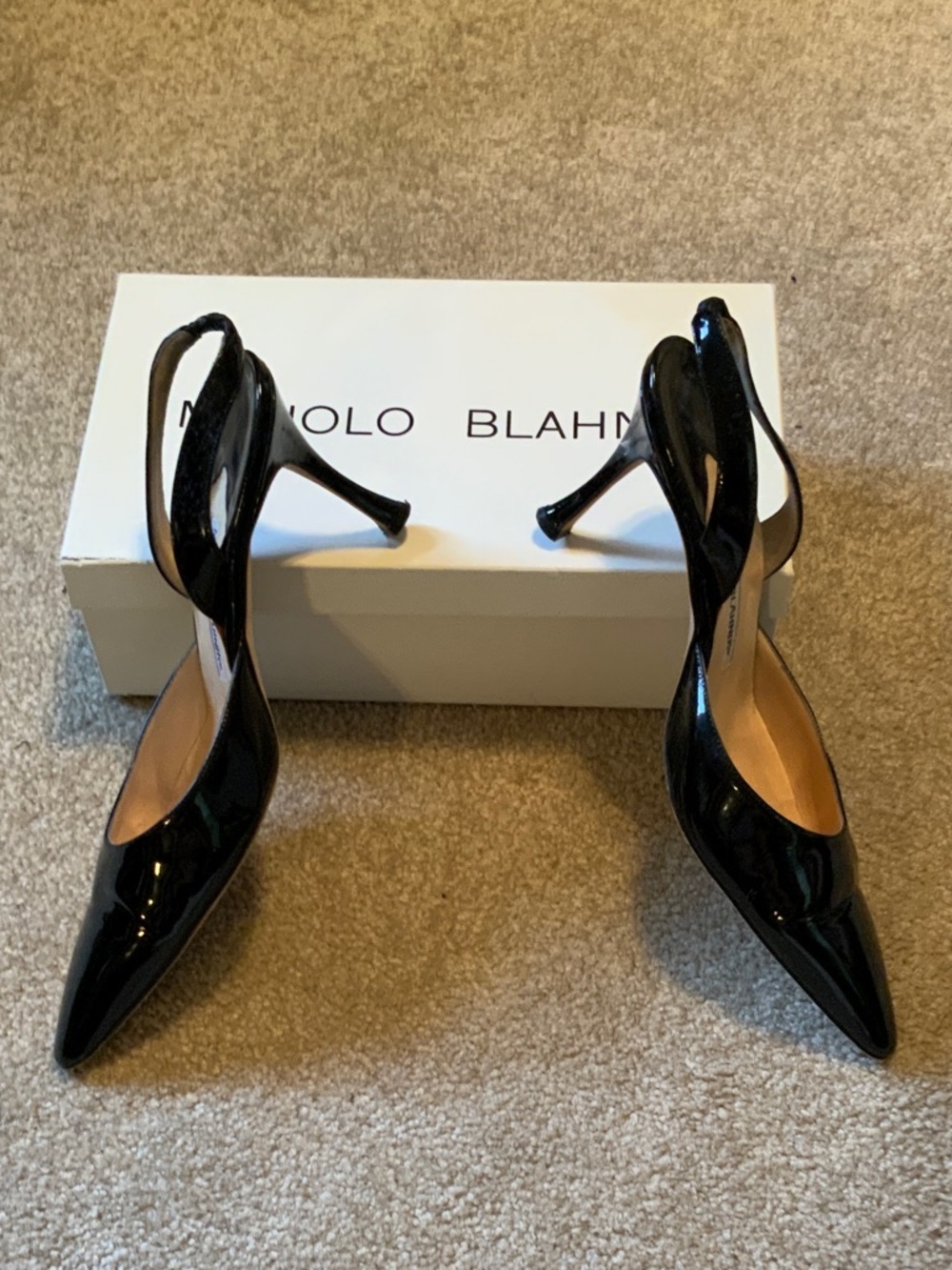 Manolo Blahnik Black Patent Slingback Pointed-Toe Heels